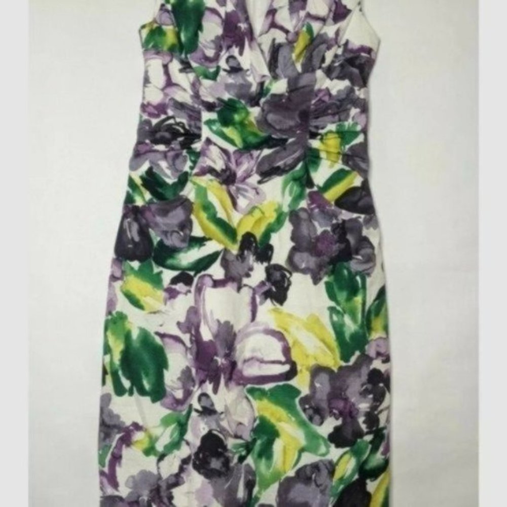 Adrianna Papell Dress 6 Medium Purple Floral Dress Sleeveless Ruched Sheath Text - Picture 9 of 9